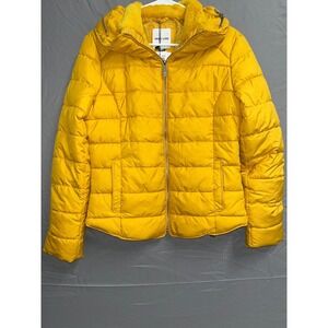Sweet Look Puffer Jacket Womens Small Yellow Down Lined Faux Fur Collar Full Zip